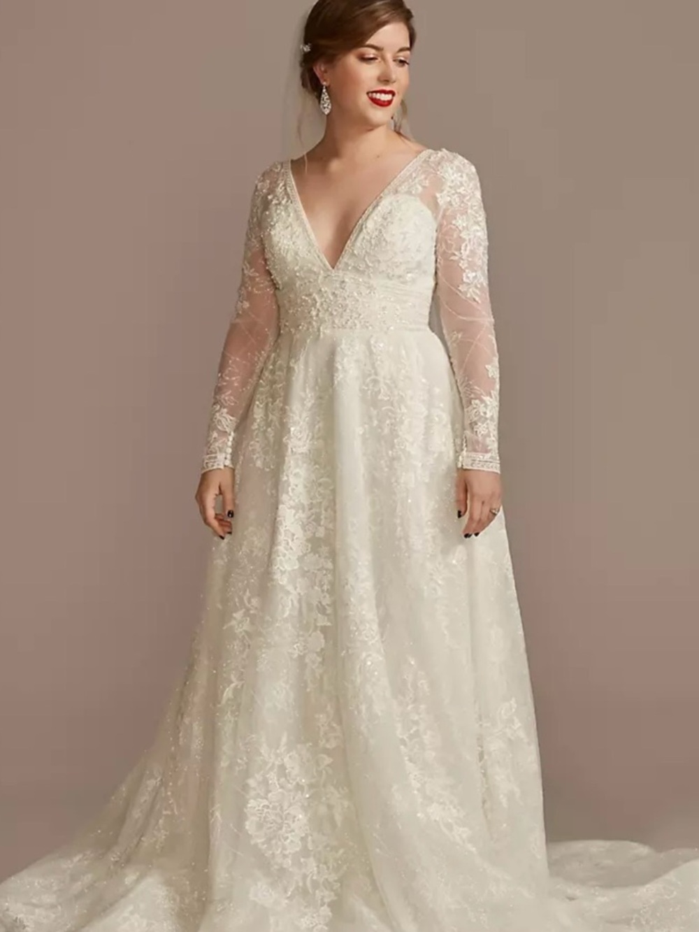 Oleg Cassini Ivory Lace Long-Sleeve V-Neck Wedding Dress